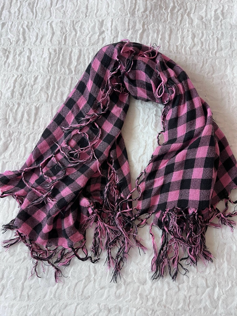 Pink and Black Plaid Fringe Scarf - Women's Accessory